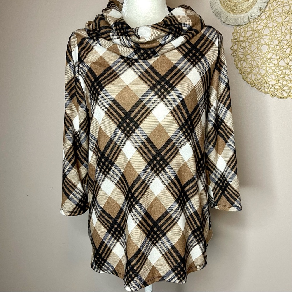 Robert Louis Cowl Neck Plaid Knit Top (Black/Tan) - medium